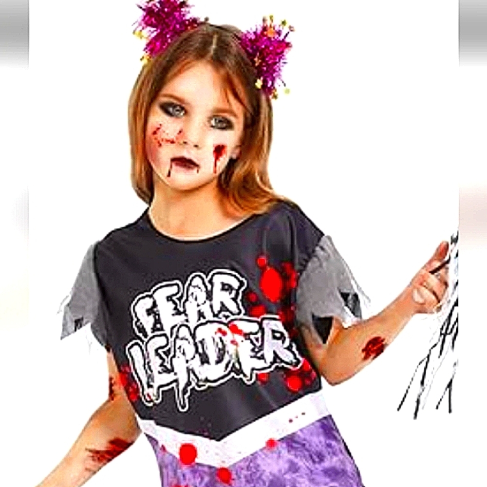 HALLOWEEN Zombie Horror Cheerleader 2pc Bloody Girl Pom Pom Costume NWT